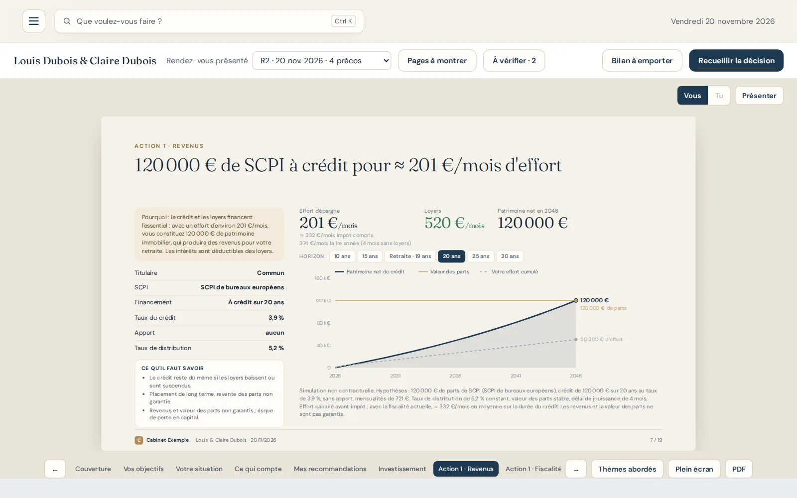 Séance client : 120 000 € de SCPI à crédit pour environ 201 € par mois d'effort, projection sur 20 ans